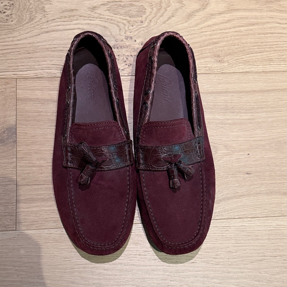 Brioni burgundy Suede Loafers with crocodile leather accent and tassel